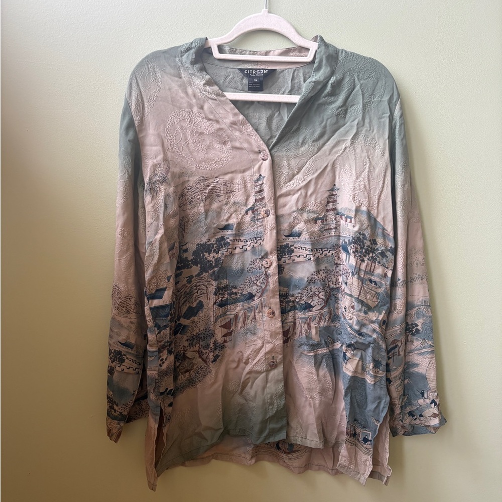 Citron Silk Chinese Landscape Print Blouse XL Asian Pagoda Art Top